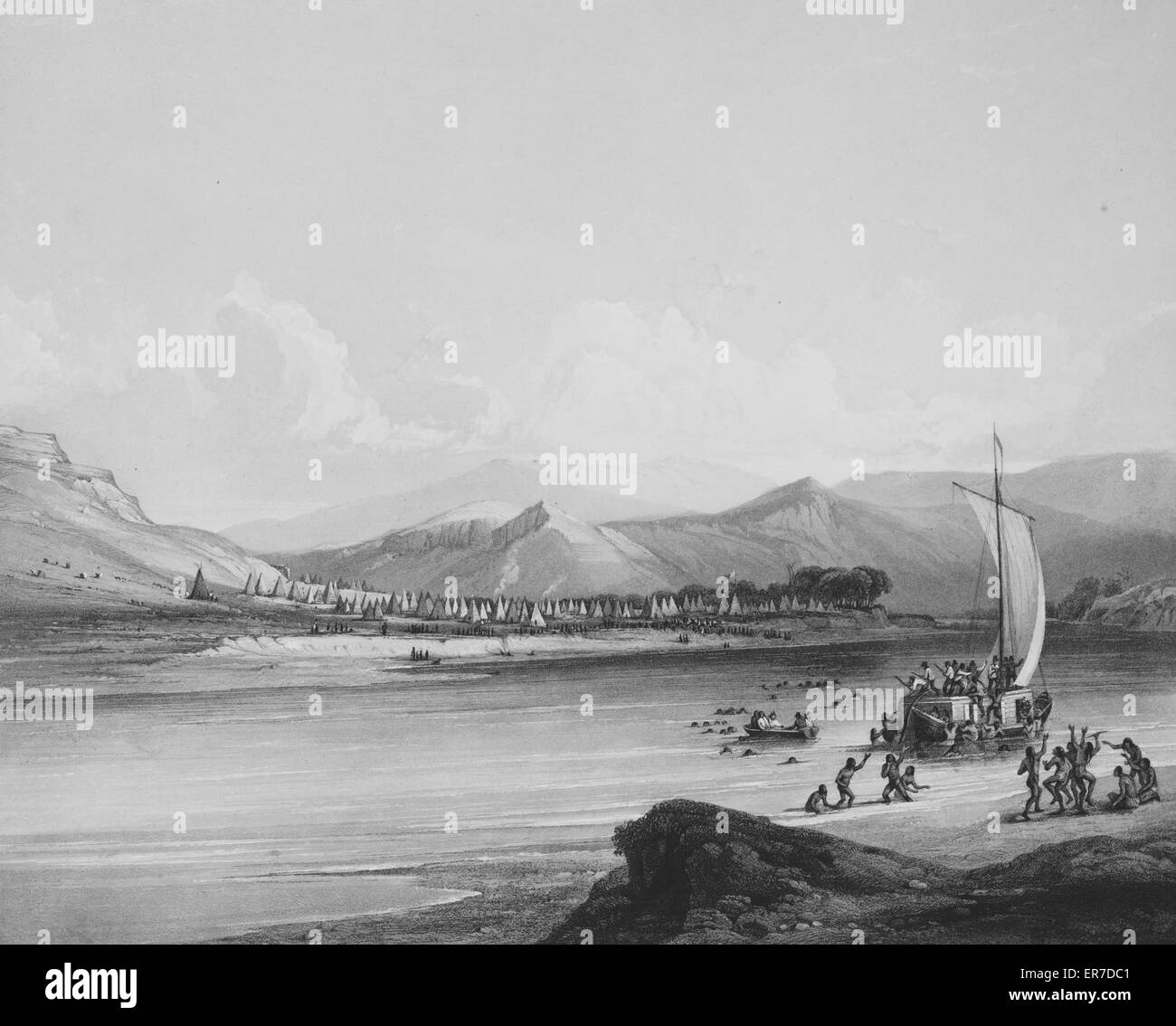 Camp des Gros Ventres des prairies. Print shows a large Hidatsa Indians camp in the background; a group of Indians in the foreground are dancing on the shore while others are in the water boarding and attacking passengers on a ship. Date London : between Stock Photo