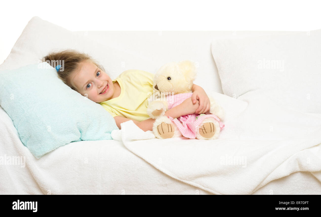 little girl in bed isolated Stock Photo Alamy