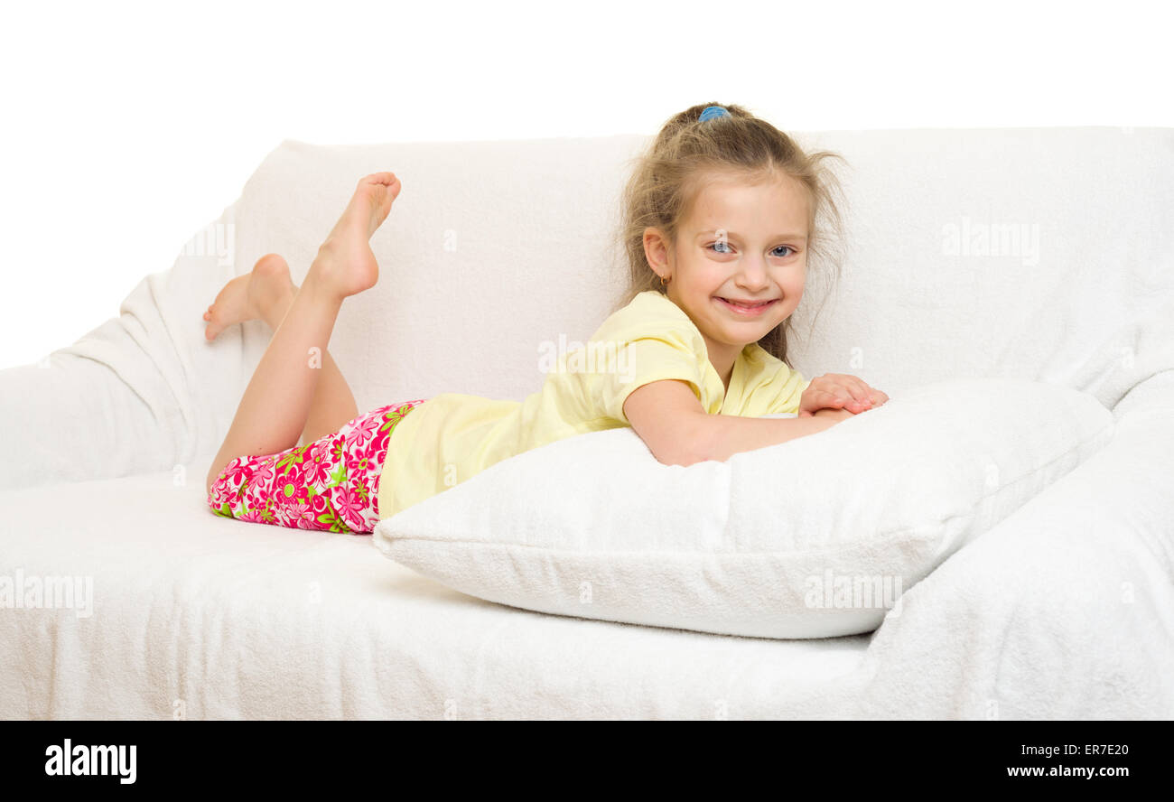 little girl in bed isolated Stock Photo Alamy