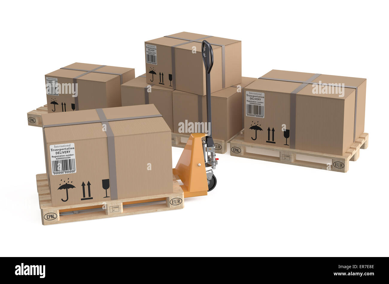 pallet jack with cardboard box on pallets isolated on white background