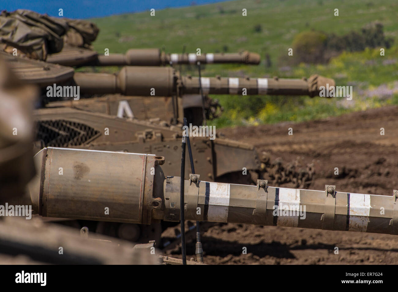 Israel. A line of 'Merkava' MK IV tanks in the Golan Heights. Stock Photo
