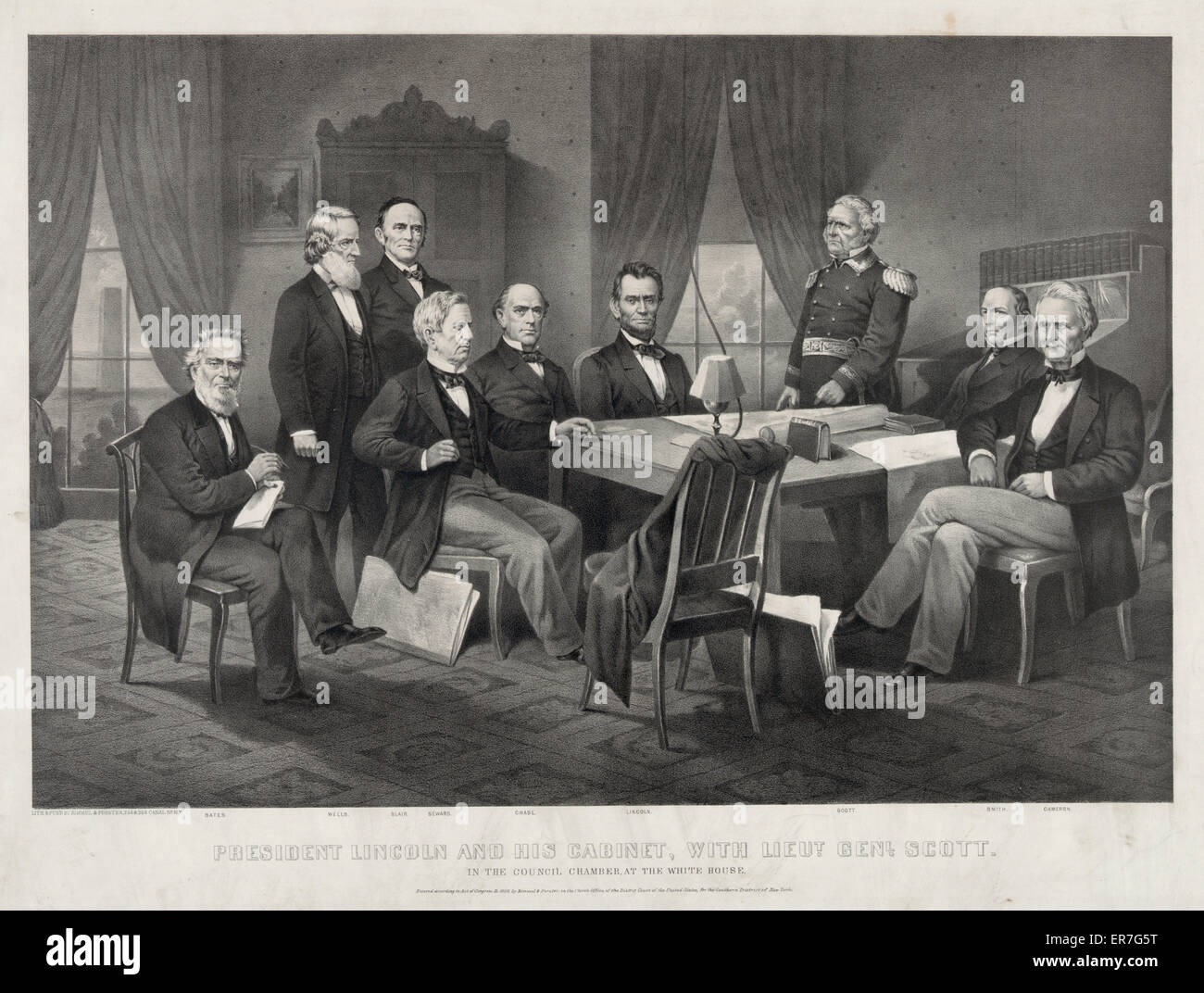 President Lincoln and his cabinet, with Lieut. Genl. Scott Stock Photo