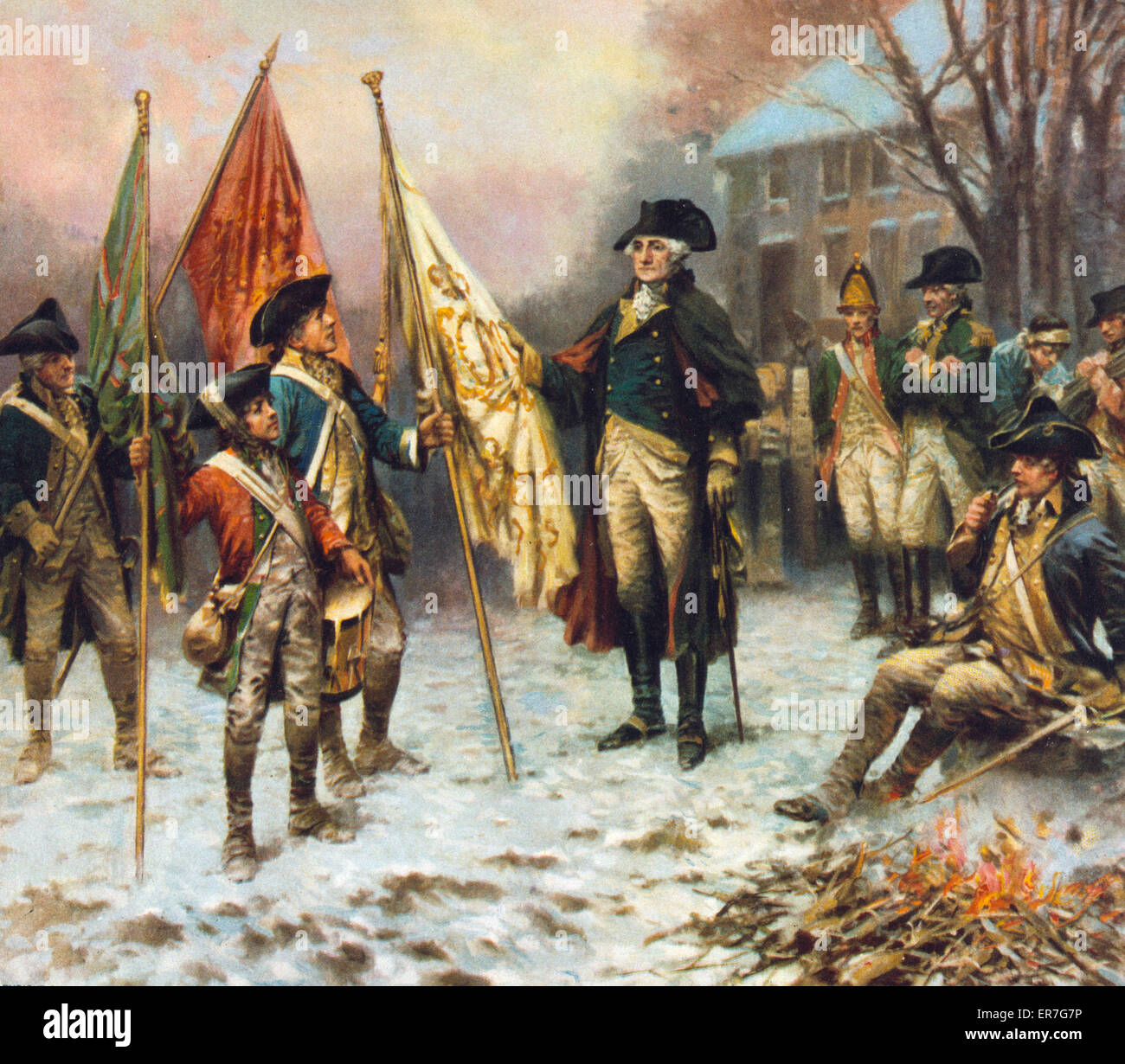 Washington inspecting the captured colors after the battle o Stock Photo