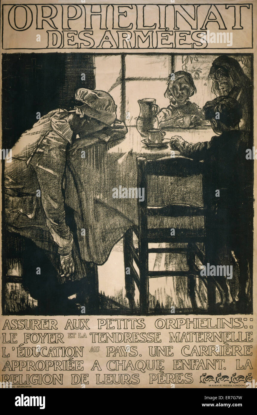 Orphelinat des armee. Poster showing a mother resting her head on an empty table in despair, as her children look on. Date 1915. Orphelinat des armee. Poster showing a mother resting her head on an empty table in despair, as her children look on. Date 191 Stock Photo