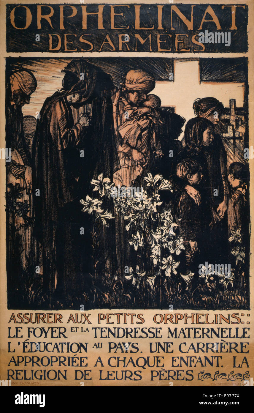Orphelinat des armee. Poster showing mothers and children in a cemetery, with lilies blooming. Date 1915. Orphelinat des armee. Poster showing mothers and children in a cemetery, with lilies blooming. Date 1915. Stock Photo