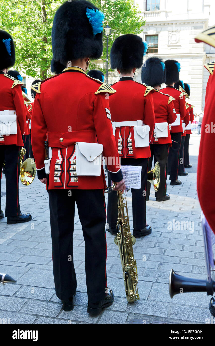 Members of the Queen's Guard band awaiting to play their instruments during the Queen procession, London, England. Stock Photo