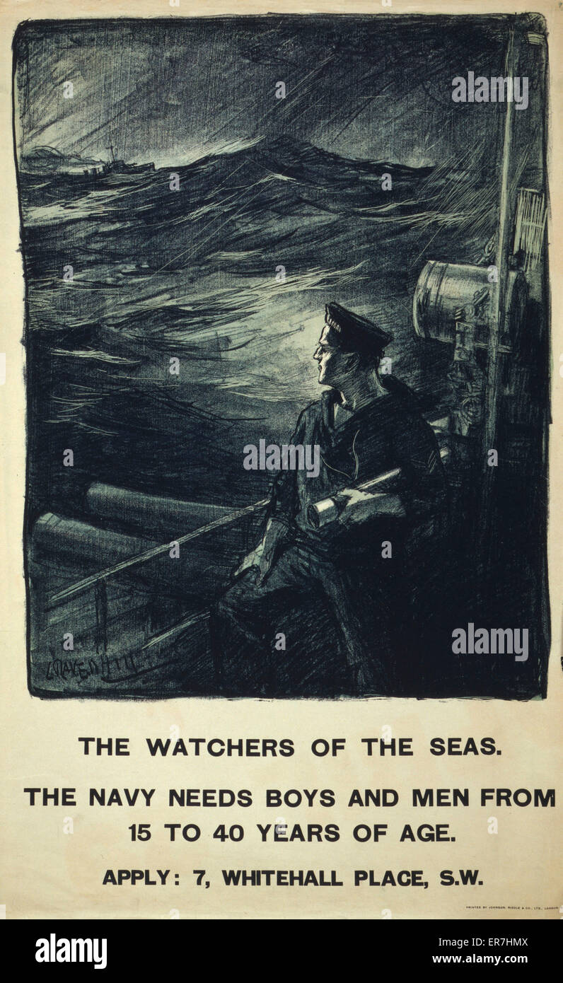 The watchers of the seas. The navy needs boys and men from 15 to 40 years of age. Poster showing a sailor on deck, holding a telescope, looking off at another ship in the distance. Date 1915. Stock Photo
