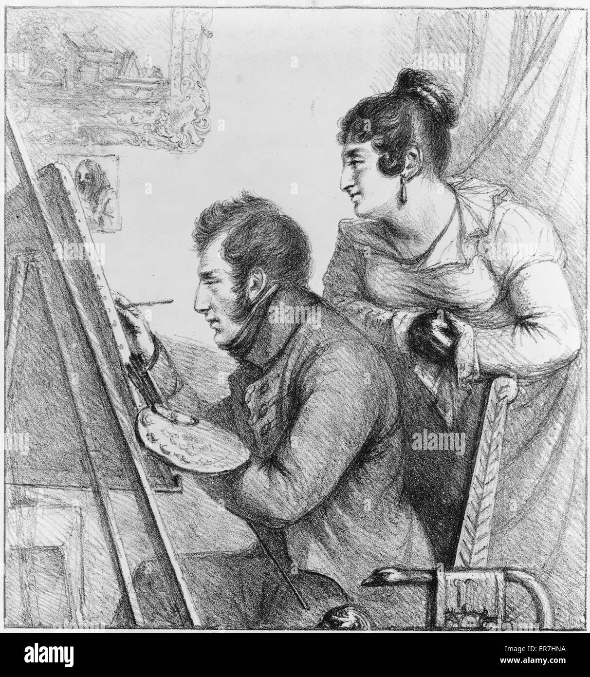 Self portrait painting with a woman looking on. Date 1823. Stock Photo