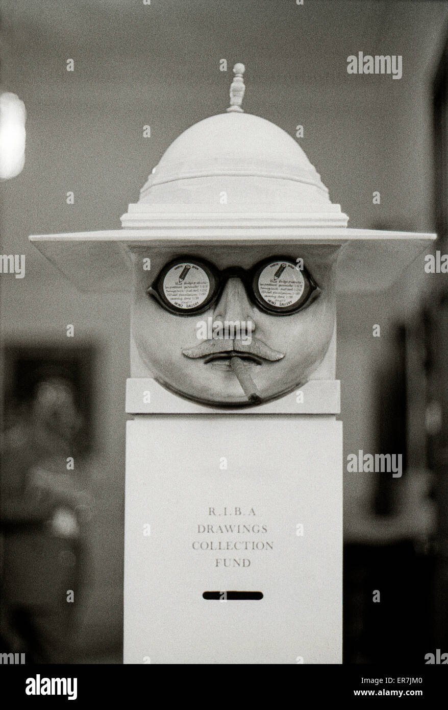 Lutyens bust outside architect Cedric Price exhibition 'The Evolving Image' at the RIBA Heinz Gallery Portman Square London England UK  1975   KATHY DEWITT Stock Photo