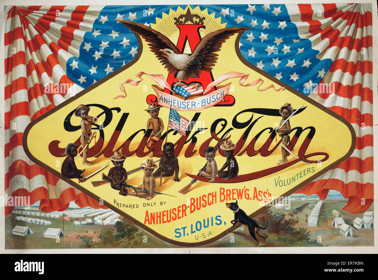 Anheuser-Busch black &amp; tan prepared only by Anheuser-Busch brew'g ass'n. Beer advertisement showing African-American children of light and dark complexions wearing confederate hats and holdings swords and rifles like soldiers; the beer logo overlays t Stock Photo