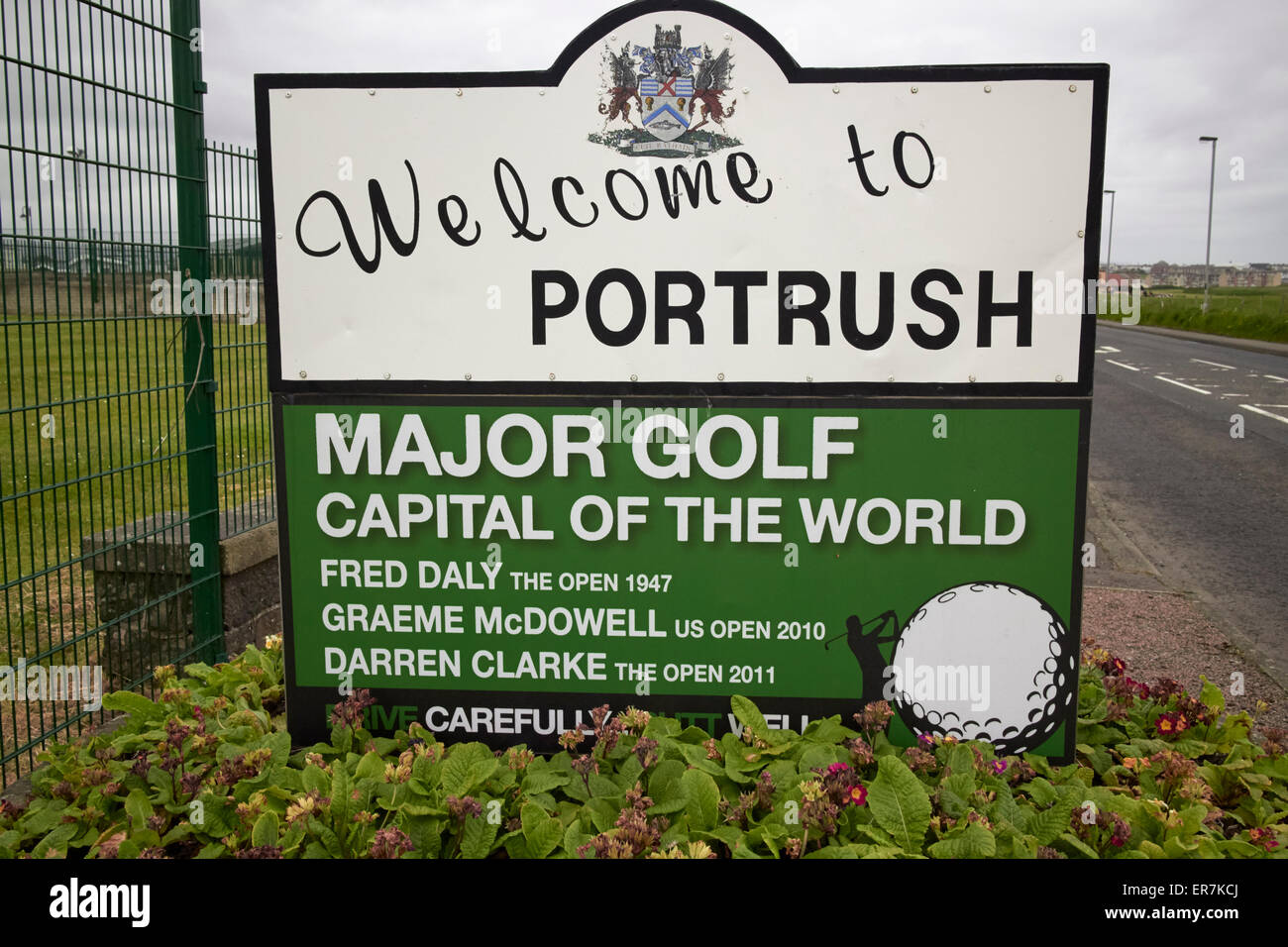 welcome to portrush major golf capital of the world sign portrush northern ireland Stock Photo