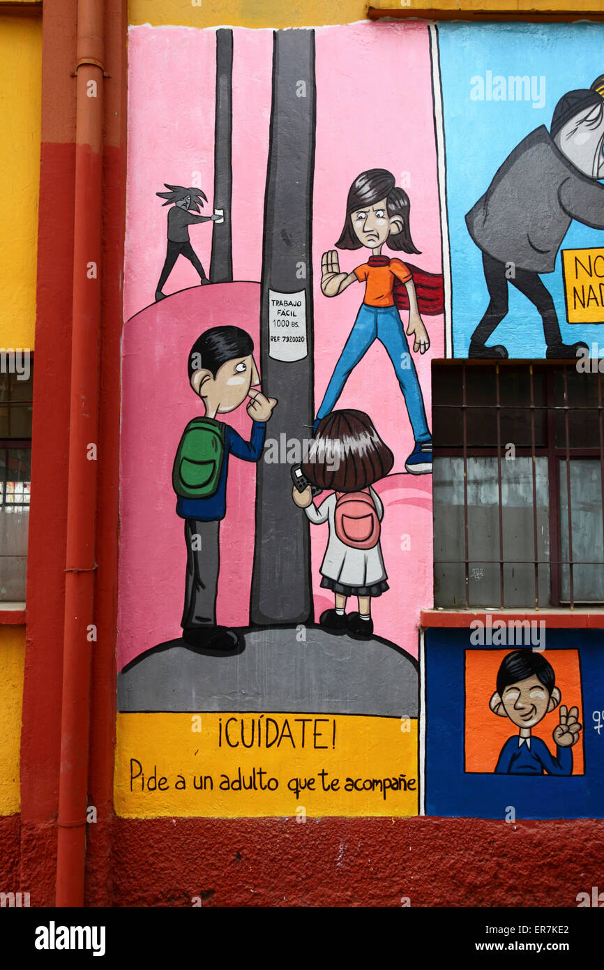Mural on school warning children of dangers of strangers, part of a campaign to reduce human trafficking, La Paz, Bolivia Stock Photo