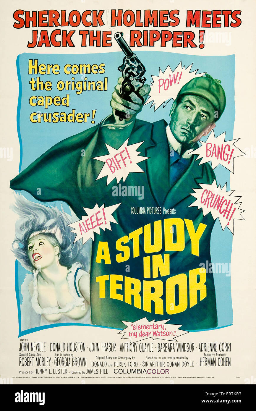 US Poster for 1965 Sherlock Holmes film 'A Study in Terror' starring John Neville as Holmes.  Sherlock Holmes and Dr. Watson join the hunt for the notorious serial killer, Jack The Ripper. Stock Photo
