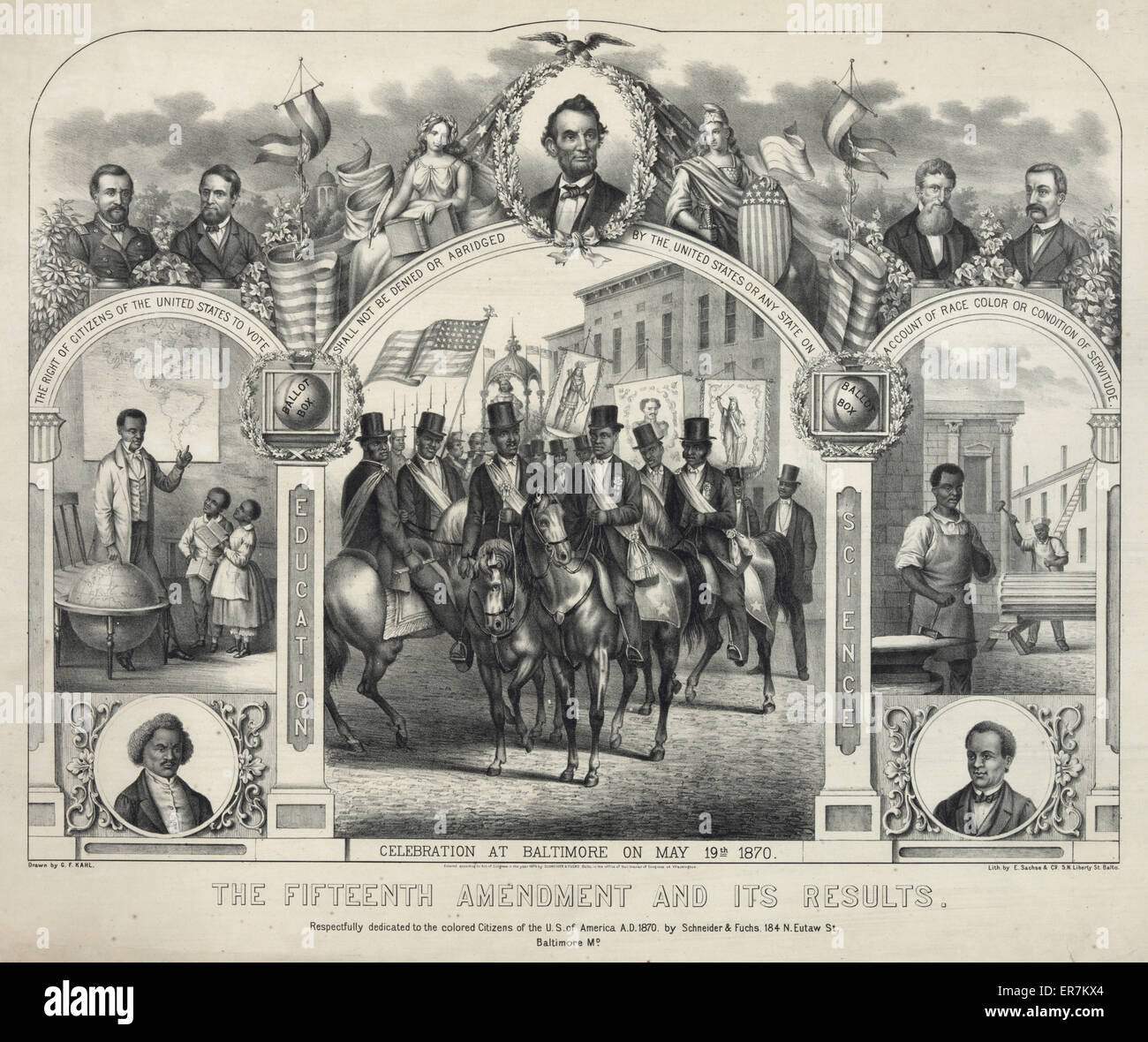 The Fifteenth Amendment and its results. Another of several large prints commemorating the celebration in Baltimore of the enactment of the Fifteenth Amendment. (See also nos. 1870-2 and 1870-3.) A group of black men, on horseback and wearing top hats, sa Stock Photo