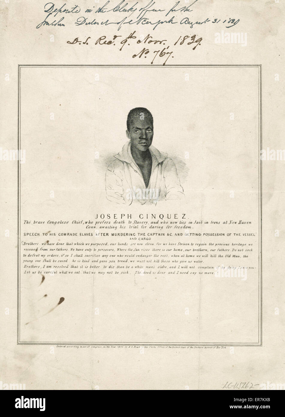 Joseph Cinquez, the brave Congolese Chief, who prefers death to slavery, and who now lies in jail  Joseph Cinquez was the leader of a revolt among African slaves aboard the Spanish ship Amistad en route to Cuba in June 1839. The slaves seized control of t Stock Photo