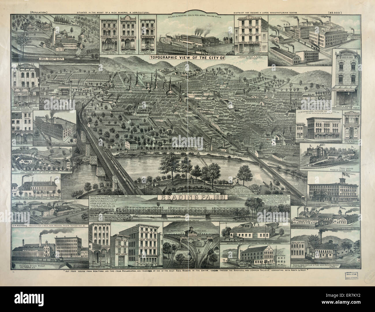 Topographic view of the city of Reading Pa. 1881 Stock Photo