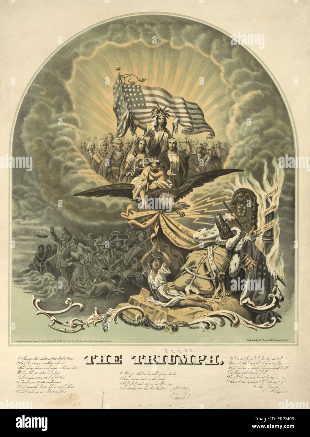 Triumph. A large, elaborate allegory predicting the triumph of the Union over the dark forces of the Confederacy and King Cotton. A published key accompanying the print describes the secession of the South in heavily moralistic terms, as the workings of a Stock Photo