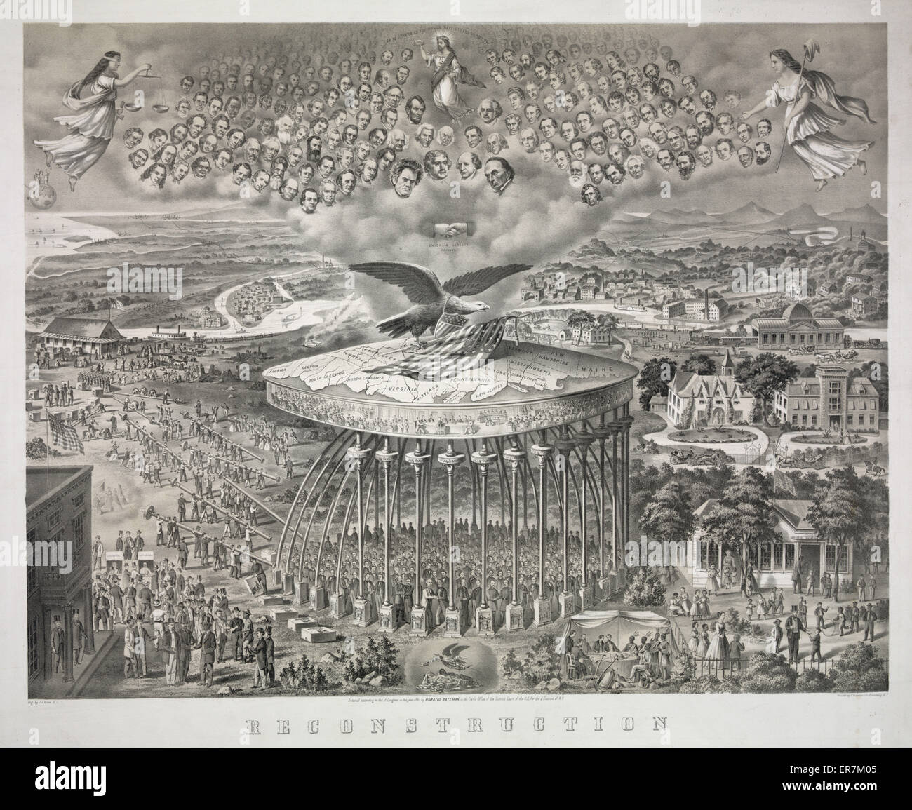 Reconstruction. A grand allegory of the reconciliation of North and South through the federal program of Reconstruction. Visionary in its breadth and scale, the work is a remarkable combination of religious and patriotic ideology. In Bateman's National Pi Stock Photo