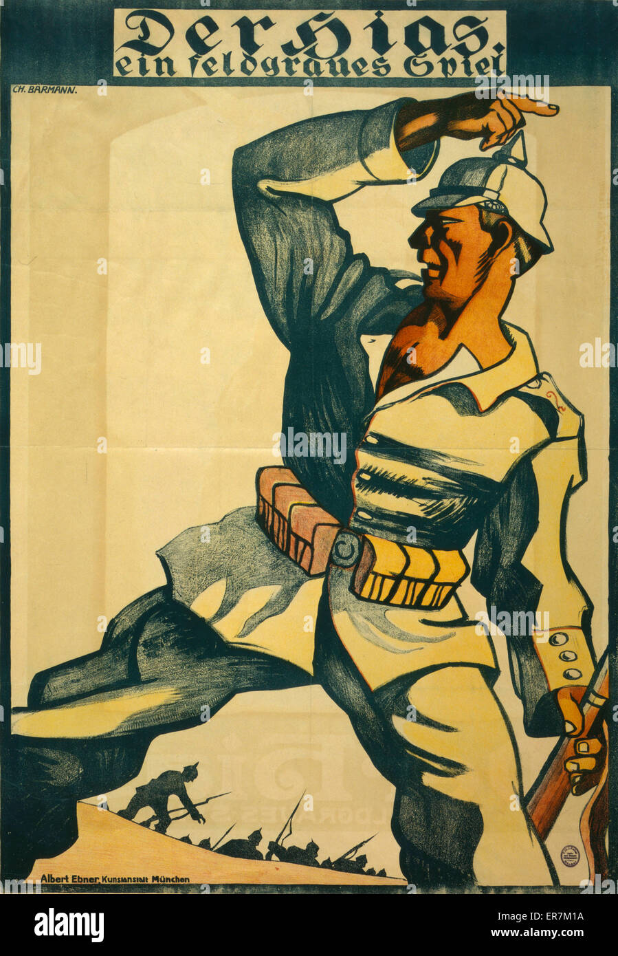 Der Hias, ein feldgraues Spiel. Poster shows a German soldier pointing the way to others silhouetted in background as though emerging from a trench. Poster is advertisement for a popular play by Heinrich Gilardone. Date 1917. Stock Photo