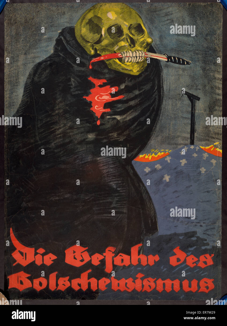 Die Gefahr des Bolschewismus. Poster shows a skeleton, wrapped in a black cloak, with a bloody knife held in its teeth. In the background a hill of crosses on top of which is a gallows. Text: The danger of Bolshevism. Date 1919. Stock Photo