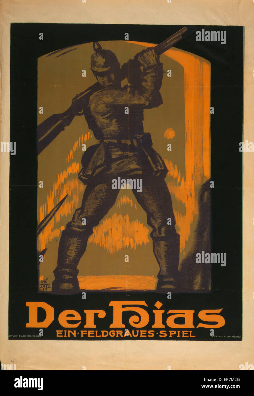Der Hias, ein feldgraues Spiel. Poster shows a German solider holding his rifle over his shoulder like a club; a bayonet appears in the lower left corner. The poster is an advertisement for a popular play by Heinrich Gilardone. Date 1917. Stock Photo