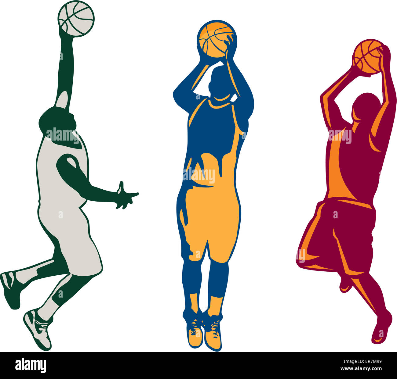 Collection or set of illustrations of basketball player dunking