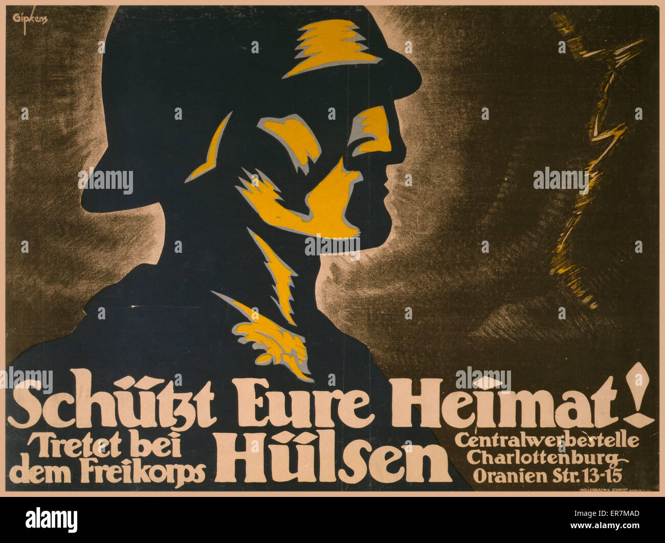 Schutz eure Heimat! Tretet bei dem Freikorps Hulsen. Poster shows stylized profile of German soldier. Text: Protect your homeland! Enlist in the Freikorps Hulsen. Date 1918. Schutz eure Heimat! Tretet bei dem Freikorps Hulsen. Poster shows stylized profil Stock Photo