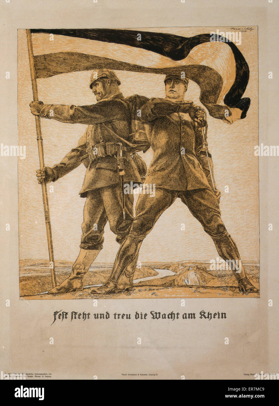 Fest steht und treu die Wacht am Rhein. Poster shows two soldiers, one enlisted holding a flag, the other an officer drawing his sword, standing astride German land near the Rhine River. Text: The watch on the Rhein remains firm and loyal. Date 1914. Stock Photo