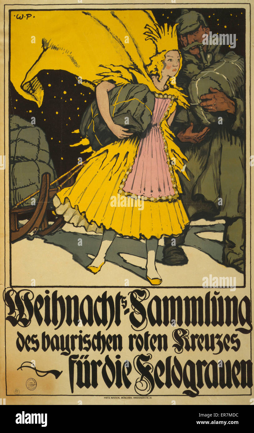 Weichnachts Sammlung des bayerischen Roten Kreuzes fur die Feldgrauen. Poster shows a Christmas angel(?) pulling a sleigh loaded with bundles and delivering one to a German soldier. Text: Christmas collection by the Bavarian Red Cross for the armed forces Stock Photo