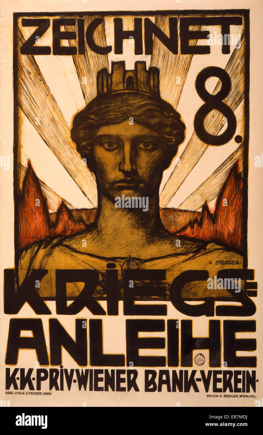 Zeichnet 8. Kriegsanleihe. Poster shows head of a goddess(?) wearing a crown in the shape of a castle or fort. Text: Subscribe to the 8th War Loan. KK Priv. Wiener Bank Verein. Date 1917. Stock Photo