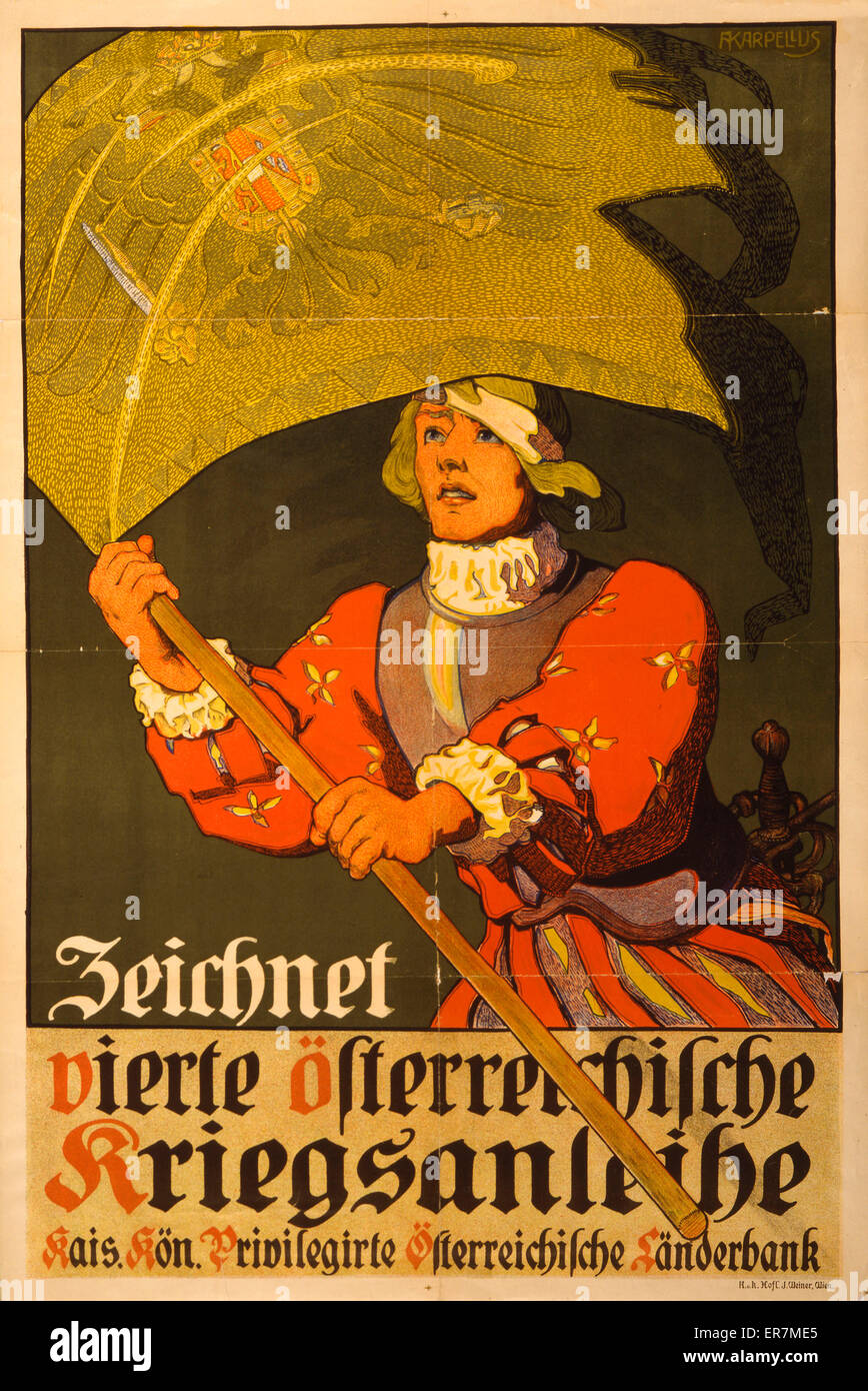 Zeichnet vierte osterreichische Kriegsanleihe. Poster shows a 16th century soldier holding up a flag with the Austro-Hungarian double-headed Imperial eagle on it. Text: Subscribe to the 4th Austrian War Loan. Date 1916. Zeichnet vierte osterreichische Kri Stock Photo