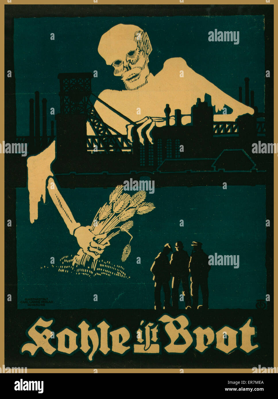 Kohle ist Brot. Poster shows a skeleton holding a sheaf of wheat looming over buildings at a port; three men are in lower right corner. Text: Coal is bread. Date between 1918 and 1920. Stock Photo
