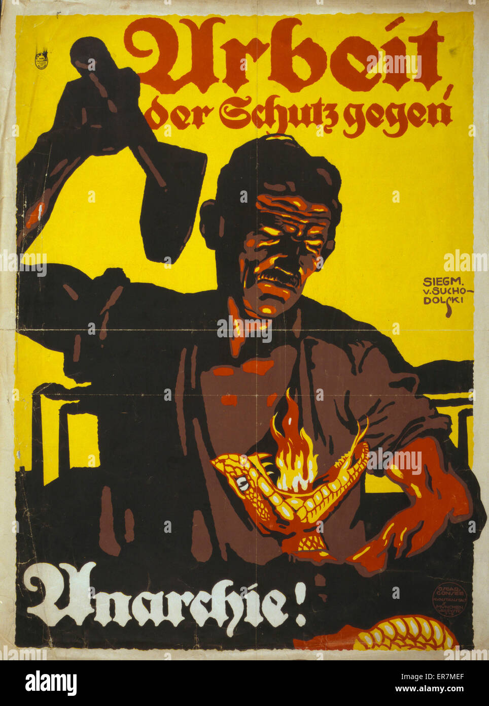 Arbeit, der Schutz gegen Anarchie!. Poster shows a blacksmith(?) holding a raised hammer, about to strike a snake with flames erupting from its mouth; in background smokestacks. Text: Work, the protection against anarchy. Date 1919. Stock Photo