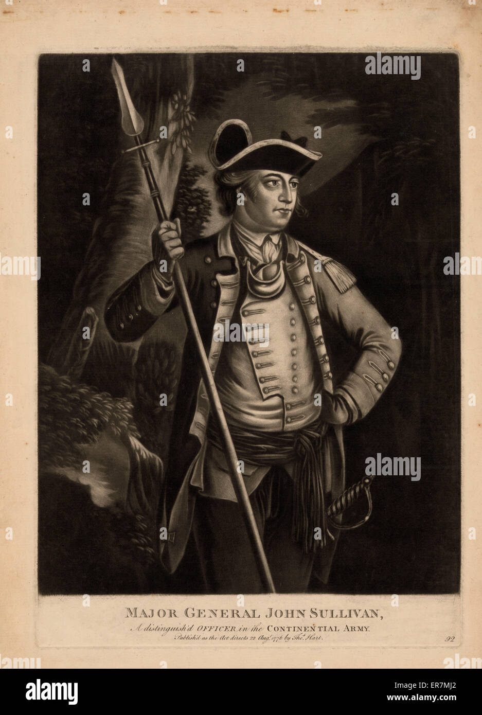 Major general John Sullivan, a distinguish'd officer in the Continential sic Army. Print shows John Sullivan, three-quarter length portrait, wearing military uniform, standing, facing right, holding spear in right hand, left hand on hip. Date 1776 Augt. 2 Stock Photo
