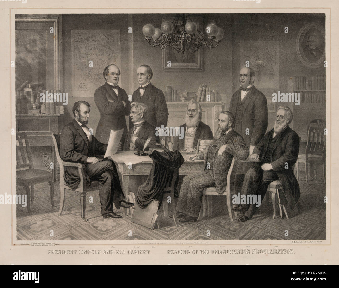 President Lincoln and his cabinet. Reading of the emancipati Stock Photo