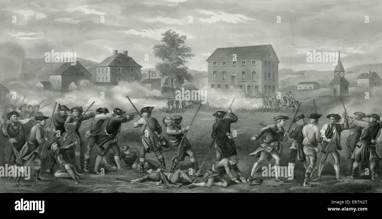 The battle of Lexington. Print shows line of Minute Men being fired upon by British troops in Lexington, Massachusetts. Date c1903 Jan. 15. Stock Photo