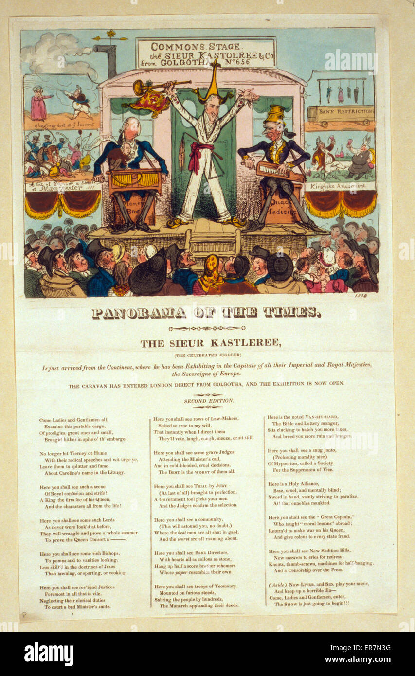 Panorama of the times. Print shows a man, the celebrated juggler, standing on a stage greeting the audience, sitting at his sides are two hurdy-gurdy players, one on a box labeled Money Box and the other on a box labeled Quack Medicine. The stage projects Stock Photo