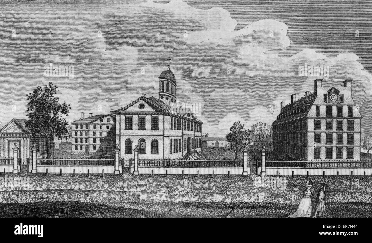 View of the colleges at Cambridge, Massachusetts. Print shows several buildings on the Harvard College campus, (l. to r.) Holden Chapel, Hollis Hall, Harvard Hall, and Massachusetts Hall. Date 1790. Stock Photo