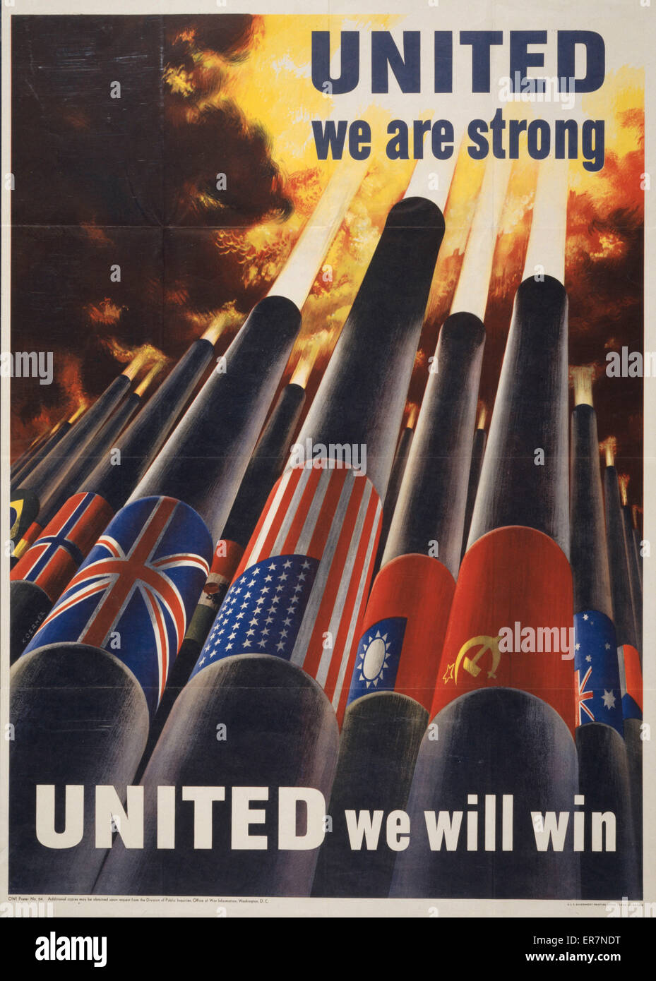 United we are strong, united we can win. World War II poster showing cannons, each with the flag of an allied power, blasting into the sky. Date 1943 (,e Washington, DC :. Stock Photo