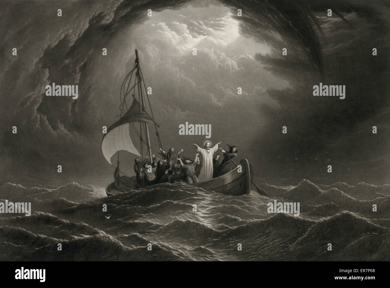 Christ stilling the tempest. Print showing Jesus standing in a boat with the Apostles on a stormy sea. Date c1867. Christ stilling the tempest. Print showing Jesus standing in a boat with the Apostles on a stormy sea. Date c1867. Stock Photo