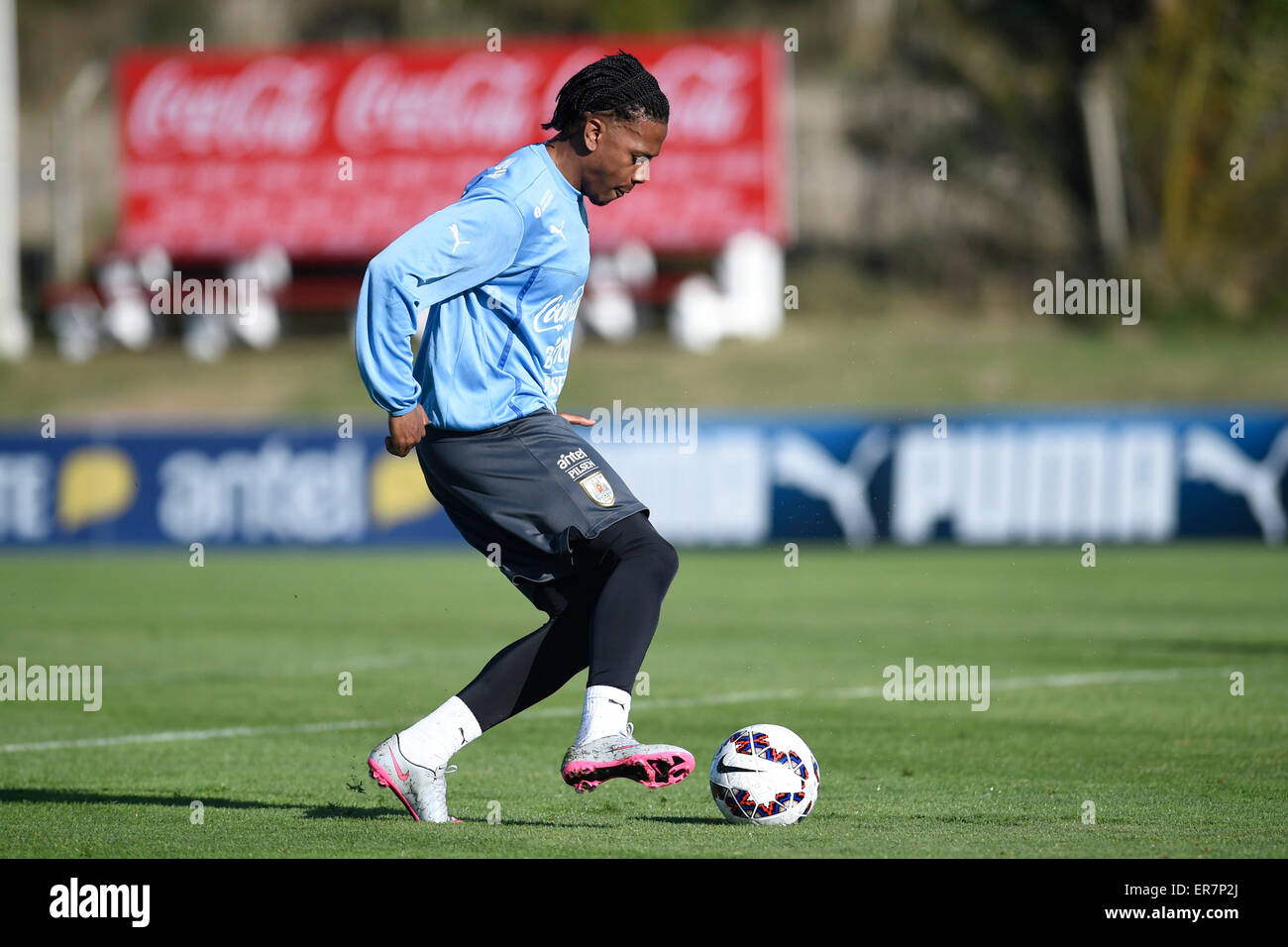 Canelones, Uruguay. 28th May, 2015. Uruguayan National Football Team player Abel Hernandez takes part in a training session, at Uruguay Celeste sports complex, in Canelones, 30km from Montevideo, capital of Uruguay, on May 28, 2015. Uruguayan National Football Team prepared to take part in the Copa America 2015, to be held from June 11 to July 4 in Chile. © Nicolas Celaya/Xinhua/Alamy Live News Stock Photo