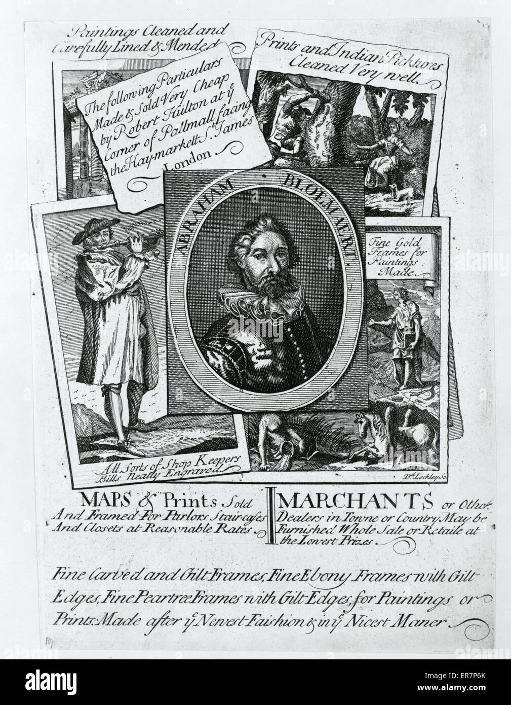 Maps and prints sold and framed Print, an advertisement for Robert Hulton's London shop, shows the types of prints sold and framed at the establishment. Includes a portrait of Dutch artist Abraham Bloemaert. Date between 1715 and 1730. Stock Photo