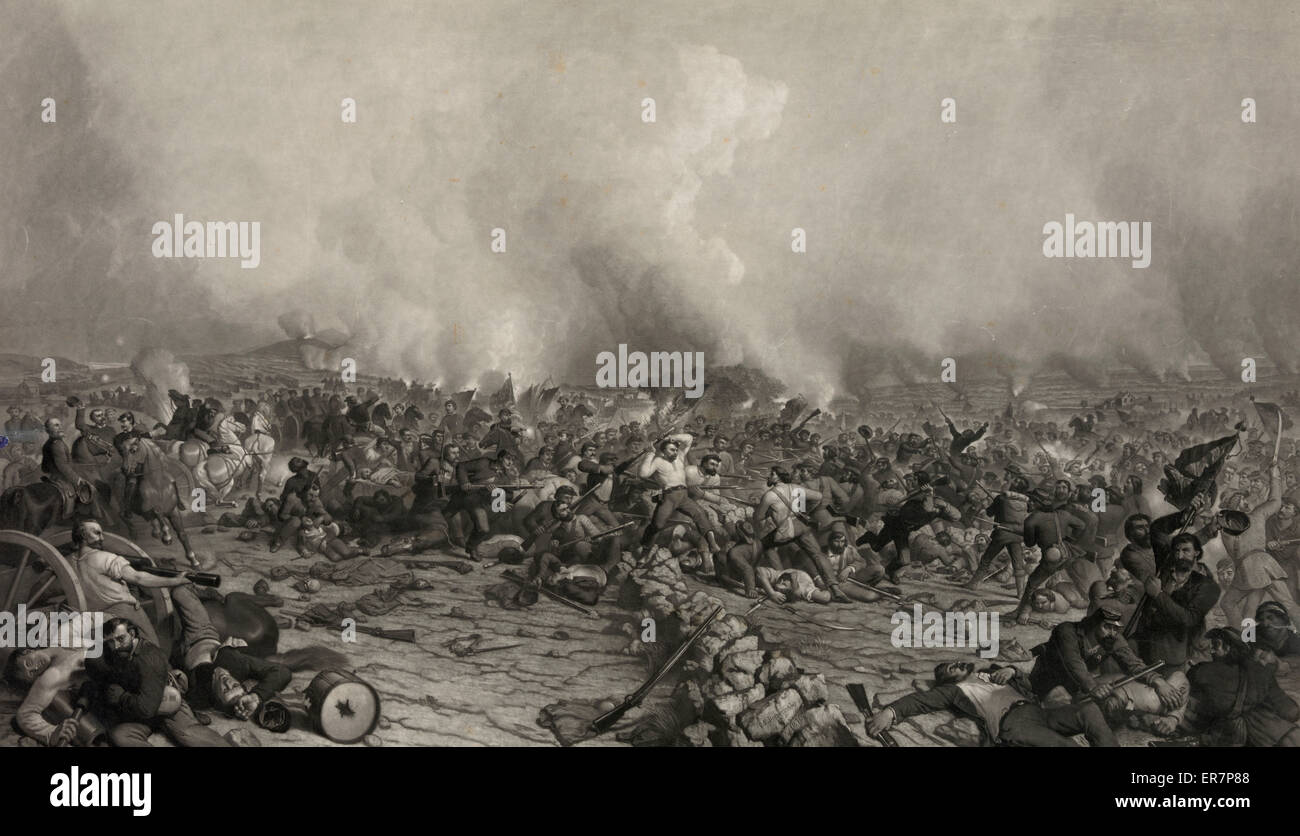 The battle of Gettysburg. Print showing artist's rendition of clash between Union and Confederate troops, possibly during Pickett's charge, at Gettysburg, Pennsylvania. Date c1872. Stock Photo