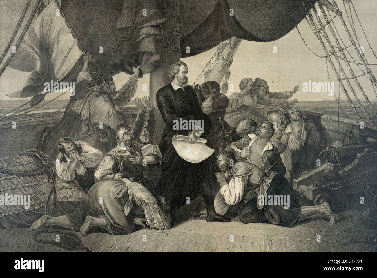 The first sight of the new world - Columbus discovering America. Print showing Columbus standing among crew aboard ship with distant view of land on the horizon. Date c1892 May 23. Stock Photo
