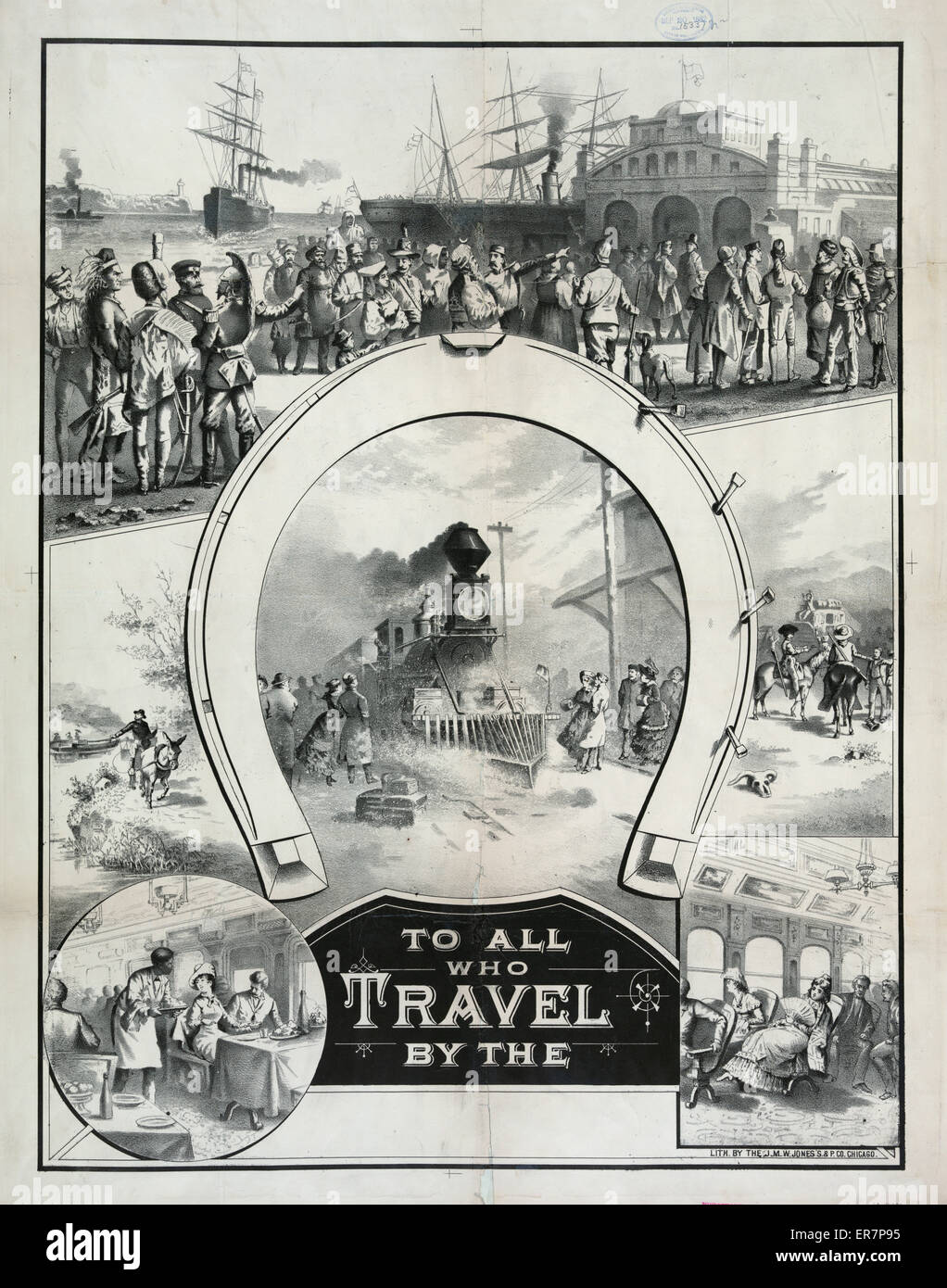 To all who travel by the. Print showing, around the outer rim of a horseshoe, immigrants from many nations arriving by steamship, a man with a mule pulling a canal boat, two bandits on horseback robbing travelers, and within the horseshoe, a locomotive ar Stock Photo