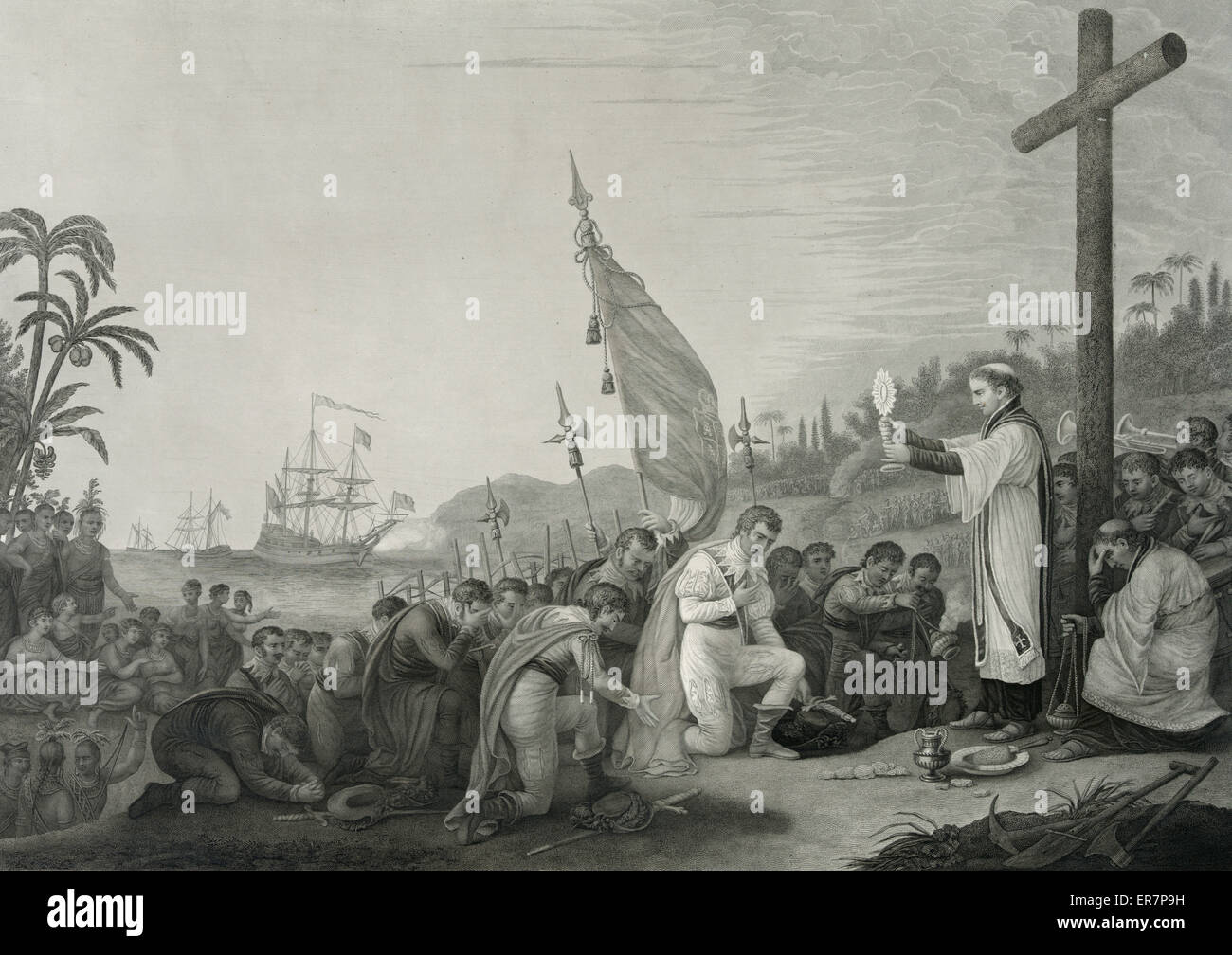 The first landing of Columbus in the new world. Print showing Christopher Columbus and crew kneeling before priest during religious service. Date c1876. Stock Photo
