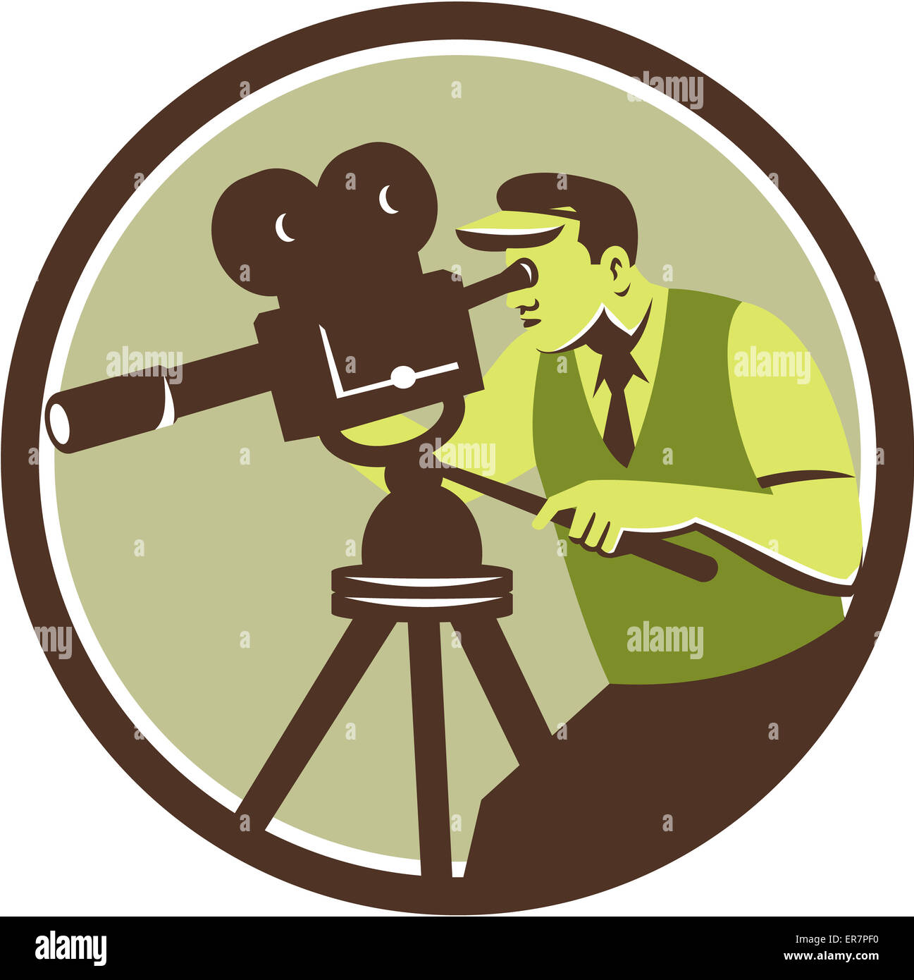 Illustration of a cameraman movie director with vintage camera filming shooting looking into lens viewed from the side set inside circle done in retro style. Stock Photo