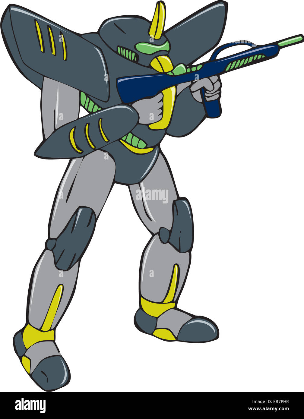 Cartoon style illustration of a mecha robot holding gun viewed from front in an isolated background. Stock Photo