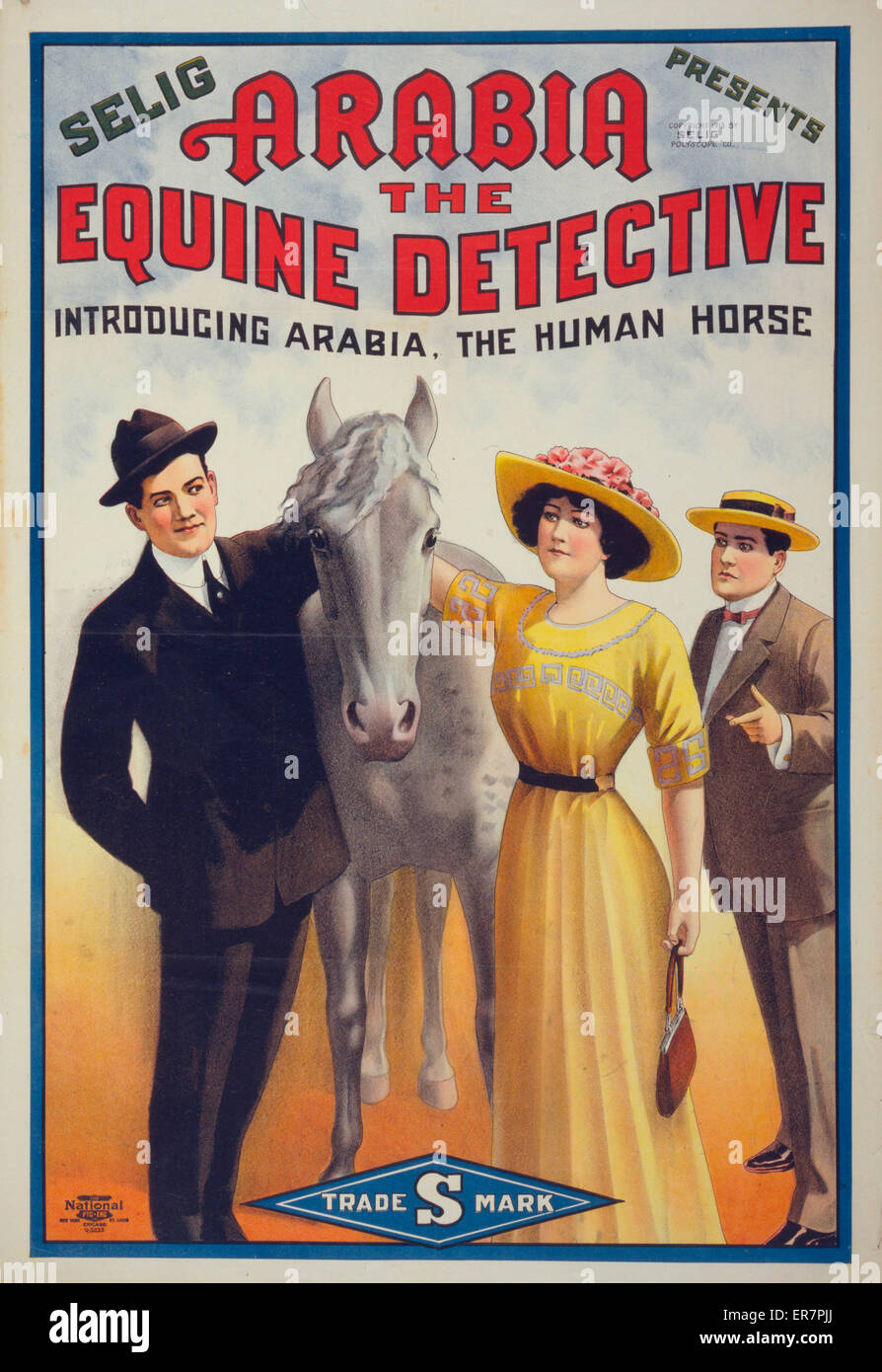 Arabia the equine detective. Motion picture poster for Arabia the Equine Detective shows two men and woman standing next to a horse. Date c1913. Arabia the equine detective. Motion picture poster for Arabia the Equine Detective shows two men and woman sta Stock Photo