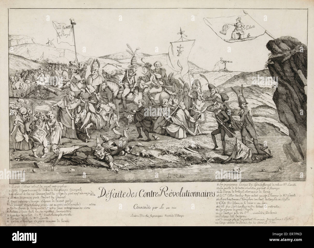Defaite des contre revolutionnaires, commandes par le petit Conde. Print shows the retreating counterrevolutionary army of the Prince de Conde following its failed attempt to restore the monarchy in France. Among the caricatured cast of counterrevolutiona Stock Photo